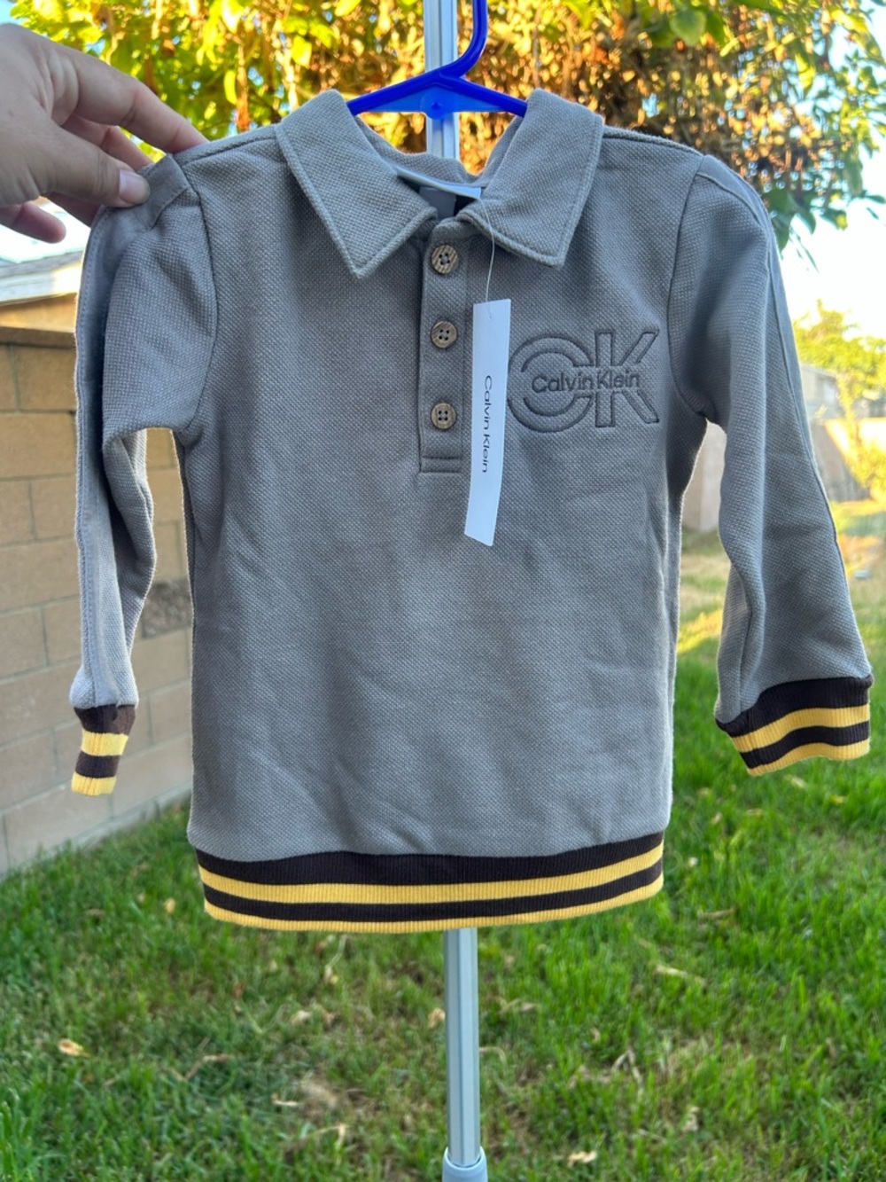 Calvin Klein Toddler Long-Sleeve Polo Sweater in Taupe with Black & Yellow Trim